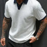 Polo Homme En Polyester À Manches Courtes, Style Décontracté Avec Col En Enfilage Et Motif Jacquard