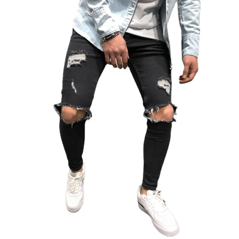 Jeans Slim Déchirés Pour Hommes – Bas De Streetwear Géométrique
