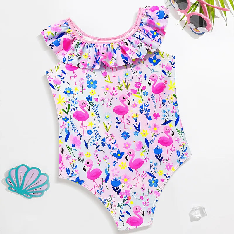 Maillot De Bain Une-pièce Pour Filles Motif Flamant En Polyester, Spécial Natation