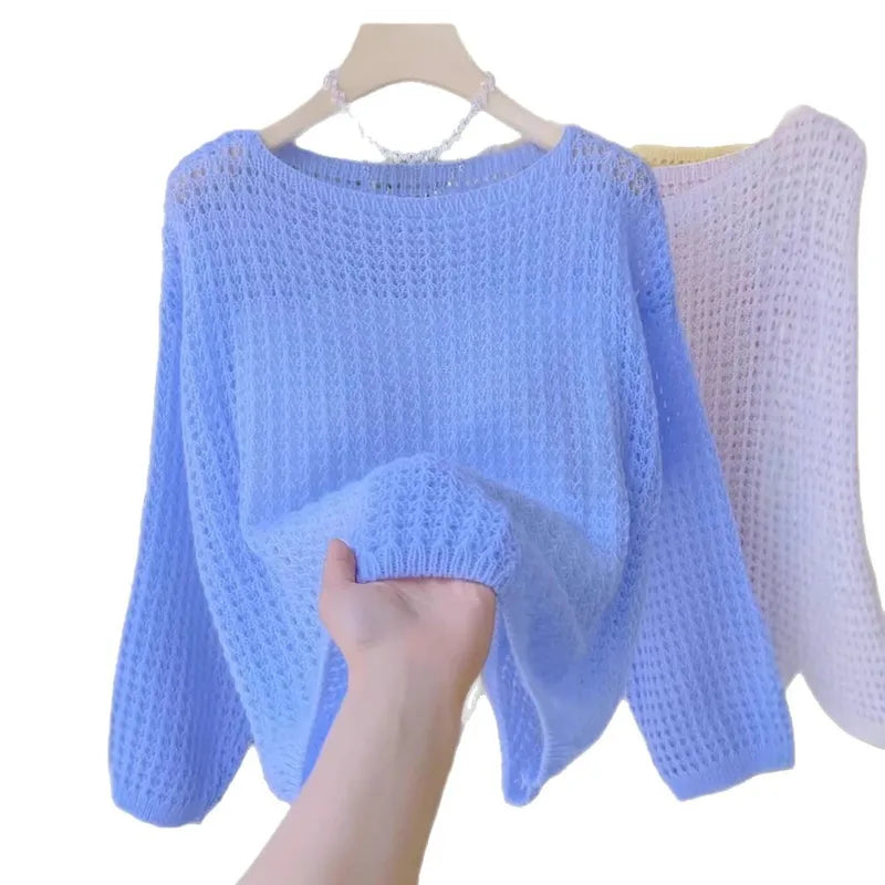 Pull Femme À Col En Enfilage, Tricot Ajouré, Couleur Unie, Manches Longues