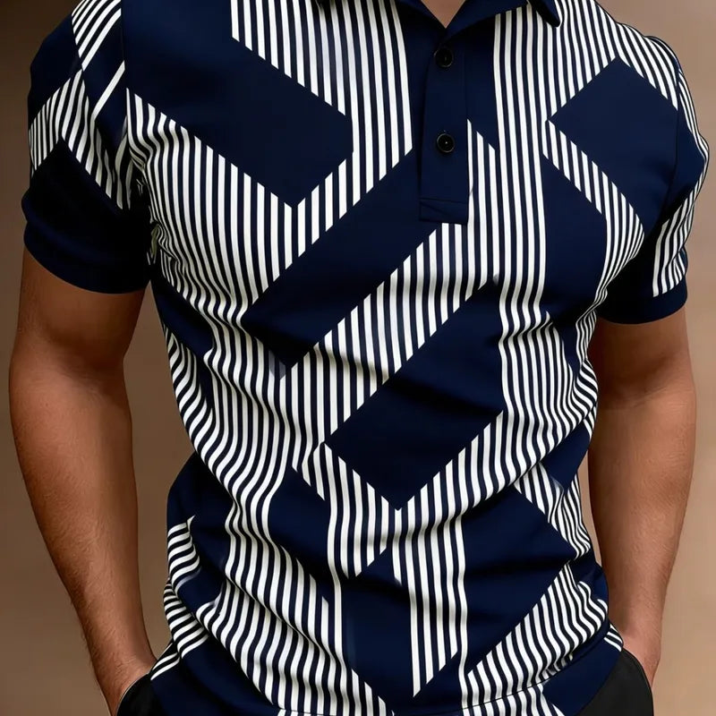 Polo Homme Col Chemise À Impression 3D En Élasthanne, Manches Courtes, Style Décontracté