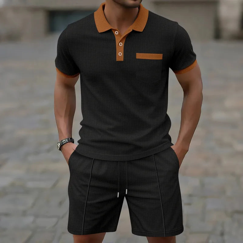 Ensemble Coordonné De Shorts Homme En Polyester Avec Col Contrasté, Style Décontracté Pour Loisirs