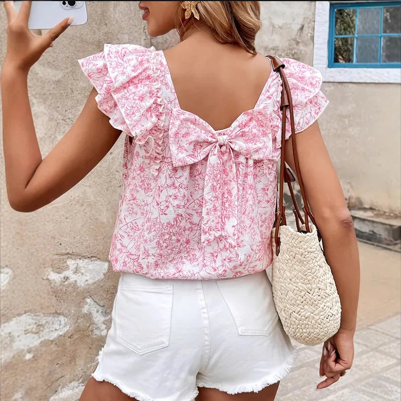Top Fleuri Femme Manches Volantées Col Carré Nœud Dos