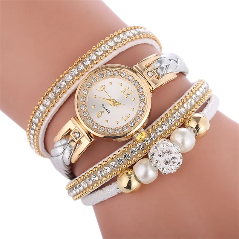 Montre Femme Quartz Bracelet Multicouche Strass & Perles – 5 Coloris