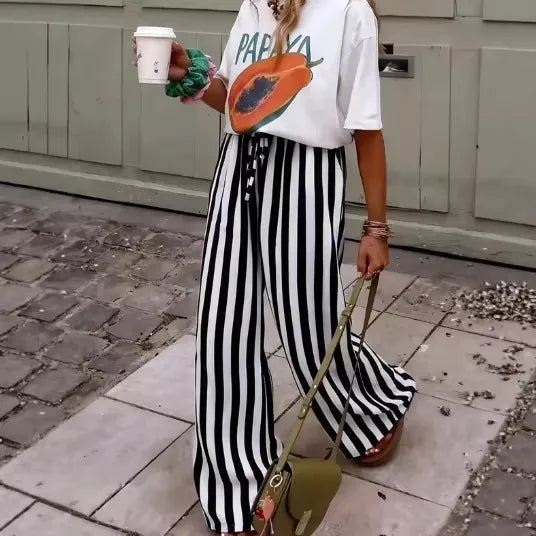 Pantalons Décontractés À Motif Bande En Longueur Totale Avec Tissu En Élasthanne Et Imprimé, Style Décontractée