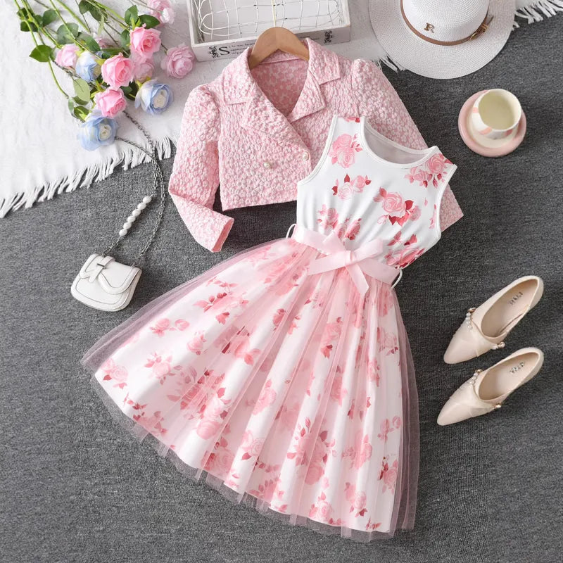 Ensemble Robe Princesse Fille Motif Rose En Polyester Avec Tulle, Lot De 2 Pièces Pour Enfant