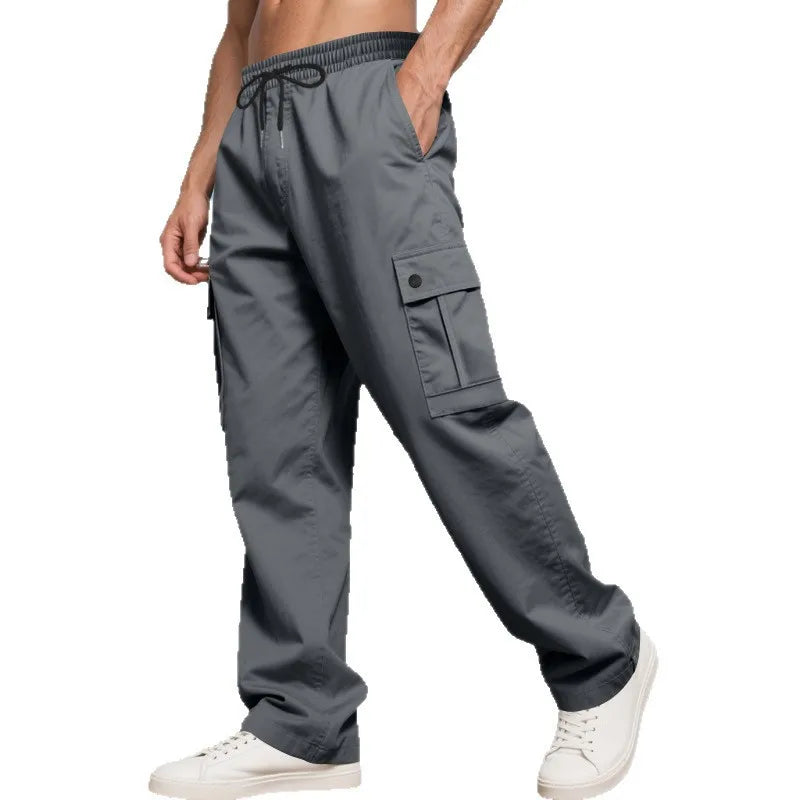Pantalon Cargo Homme Sport Décontracté En Polyester Avec Multi-poches, Longueur Totale, Couleur Unie Pour Un Style Confortable