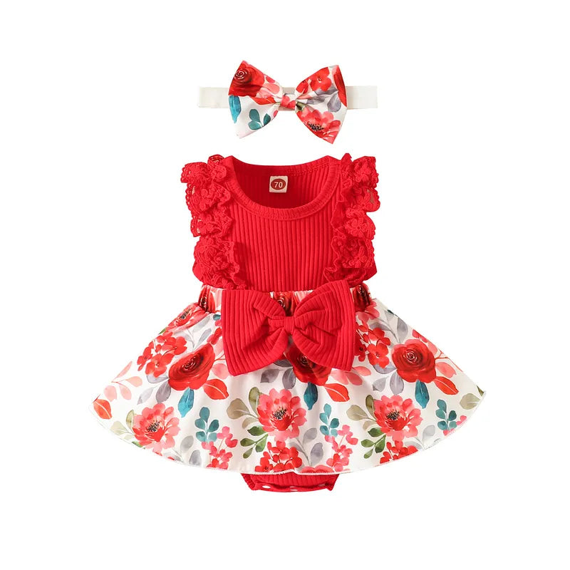 Costume Bébé Fille Une Pièce Dentelle & Imprimé | Bandeau Inclus