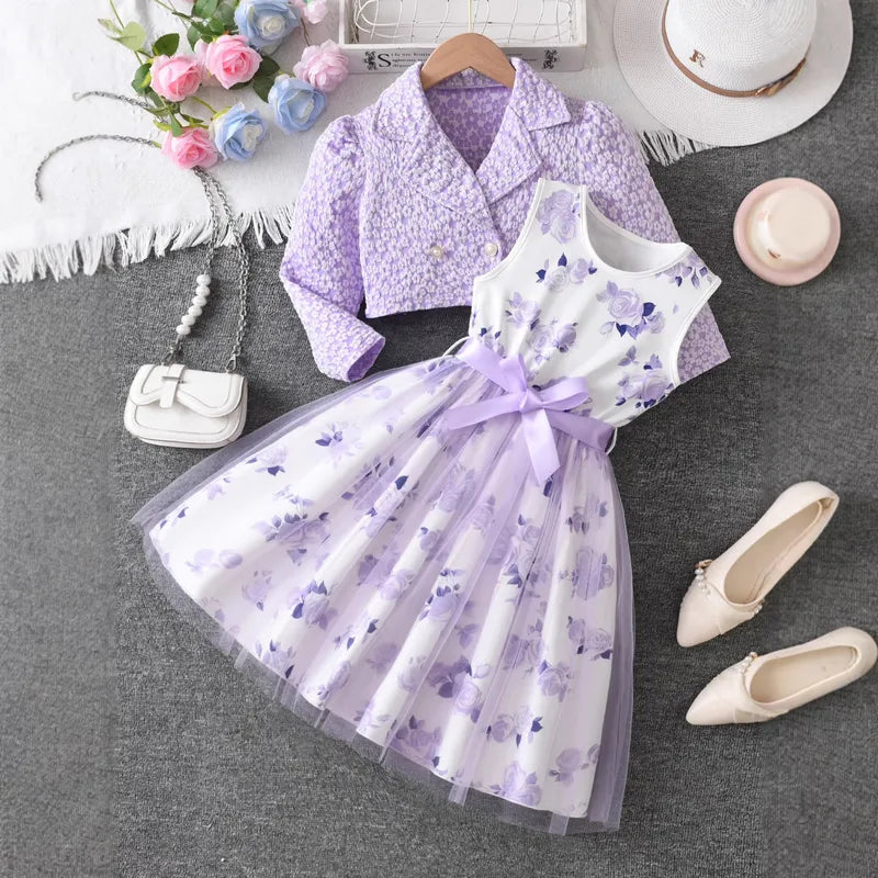 Ensemble Robe Princesse Fille Motif Rose En Polyester Avec Tulle, Lot De 2 Pièces Pour Enfant