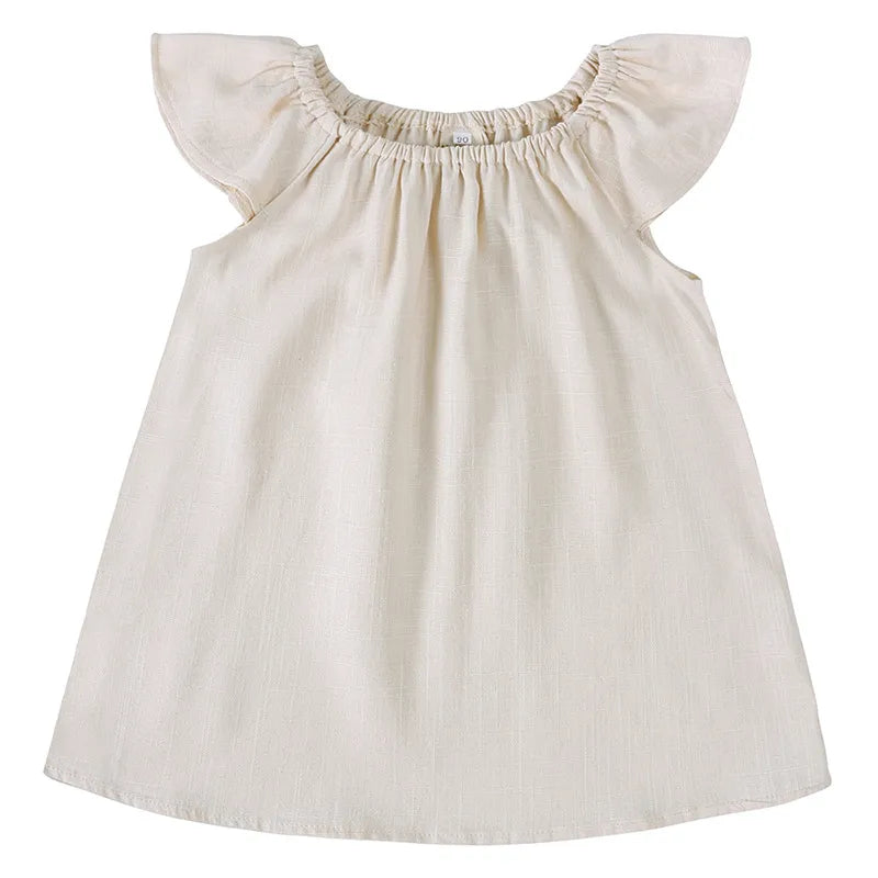 Robe Fille Sans Manches Col Rond En Lin – Couleur Abricot Style Mignon