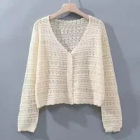 Femmes D'été Creux-out Air Conditionné Chemise Frais Bonbon Couleur V-cou Tricoté Cardigan Léger Respirant À Manches Longues Crème Solaire Chemise