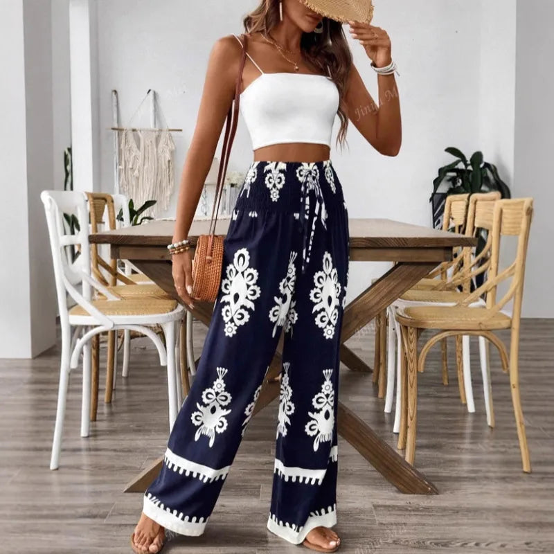 Pantalon Large Décontracté À Impression En Polyester, Longueur Totale, Style Décontracté Pour Loisirs Avec Motif Imprimé