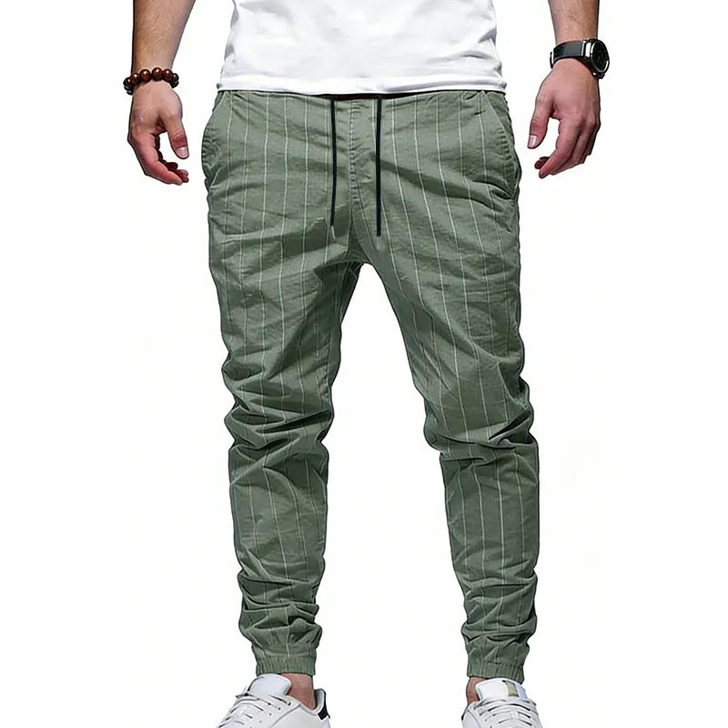 Pantalon De Jogging Homme Décontracté À Rayures En Lin, Longueur Totale, Style Casual Confortable Pour Loisirs