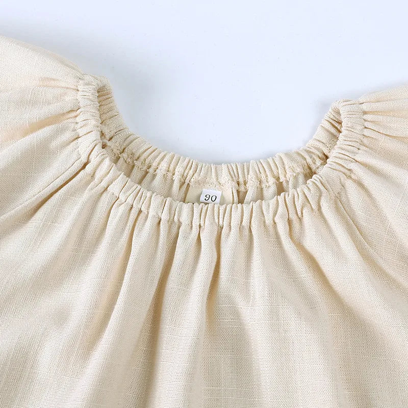 Robe Fille Sans Manches Col Rond En Lin – Couleur Abricot Style Mignon