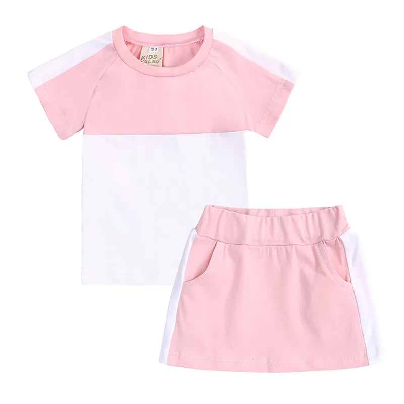 Ensemble Jupe 2 Pièces Fille, Couleur Rose, Manches Courtes, Motif Uni, Coton