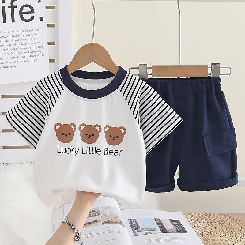 Ensemble Short 2 Pièces Pour Enfant En Coton (plus De 90%) Motif Dessin Animé, Couleur Bleu Marine, Manches Courtes, Été