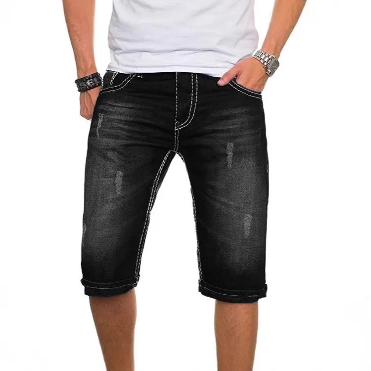 Shorts Homme En Coton Mélangé Bleu À Longueur Genou, Style Vêtement De Rue Avec Élasticité Confortable