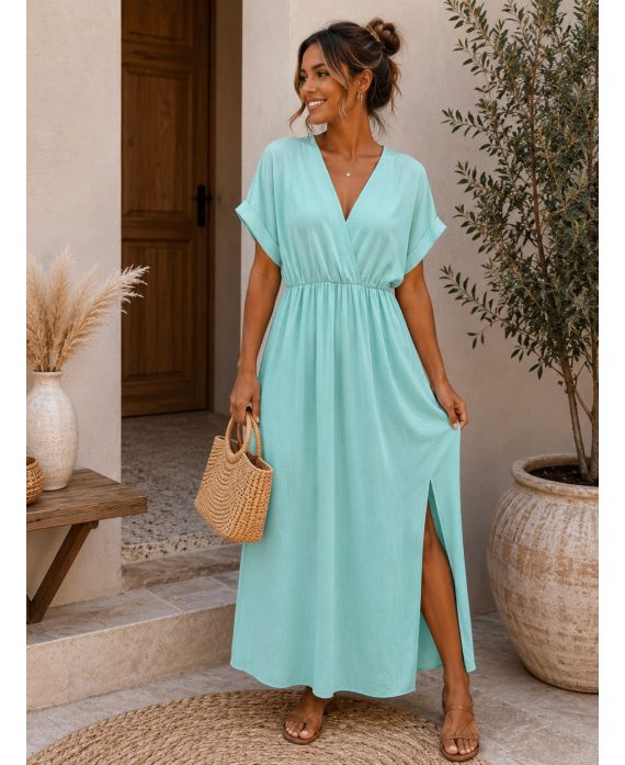 Robe Maxi Col V Manches Courtes