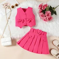 Ensemble Jupe 3 Pièces Pour Fille, Couleur Rose, Motif Uni, Tissu Polyester, Avec Ceinture Élégante