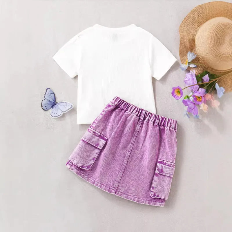 Ensemble Jupe Fille Brodé Motif Papillon En Jean 2 Pièces