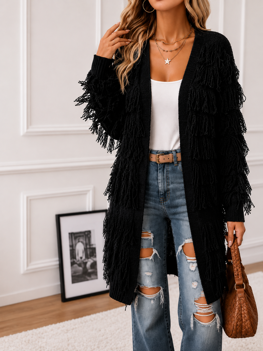 Gilet élégante ouvert à franges