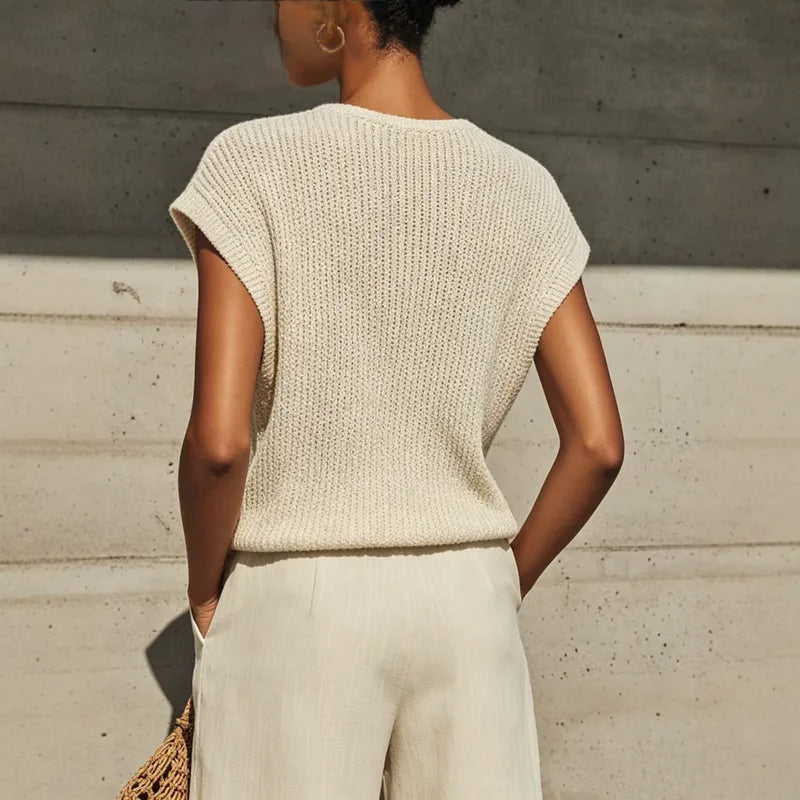 Pull Tricoté À Manches Courtes En Polyester Couleur Unie, Style Décontracté