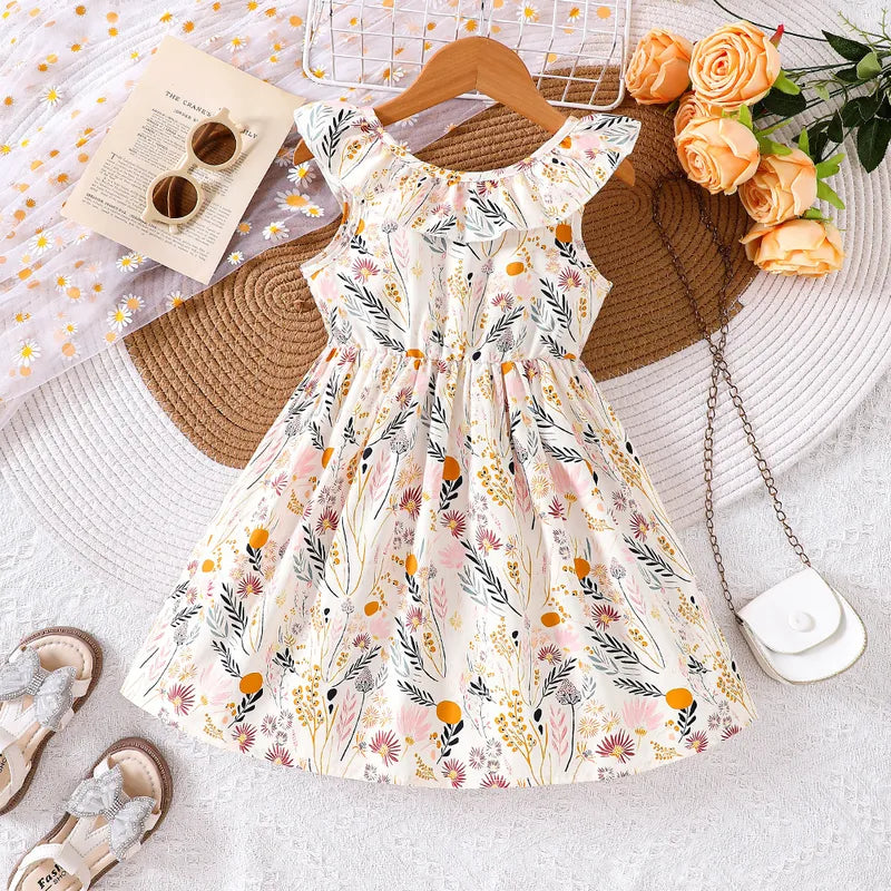 Robe Enfant Fille Style Pastorale À Motif Fleurs En Polyester Avec Manches À Volants Couleur Abricot