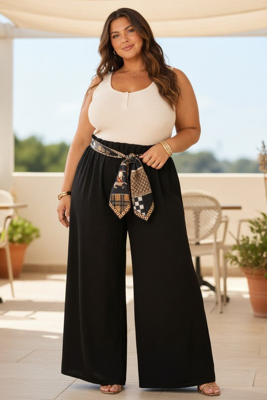 Pantalon Large Taille Élastique avec Foulard