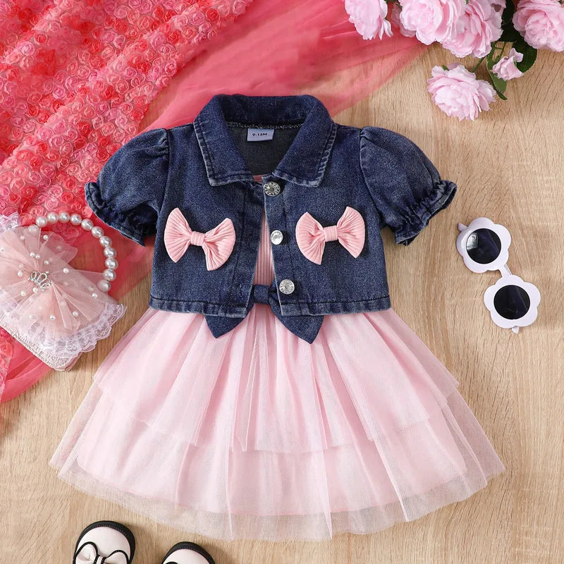 Ensemble Fille Robe Tulle Rose & Veste Denim à Nœuds