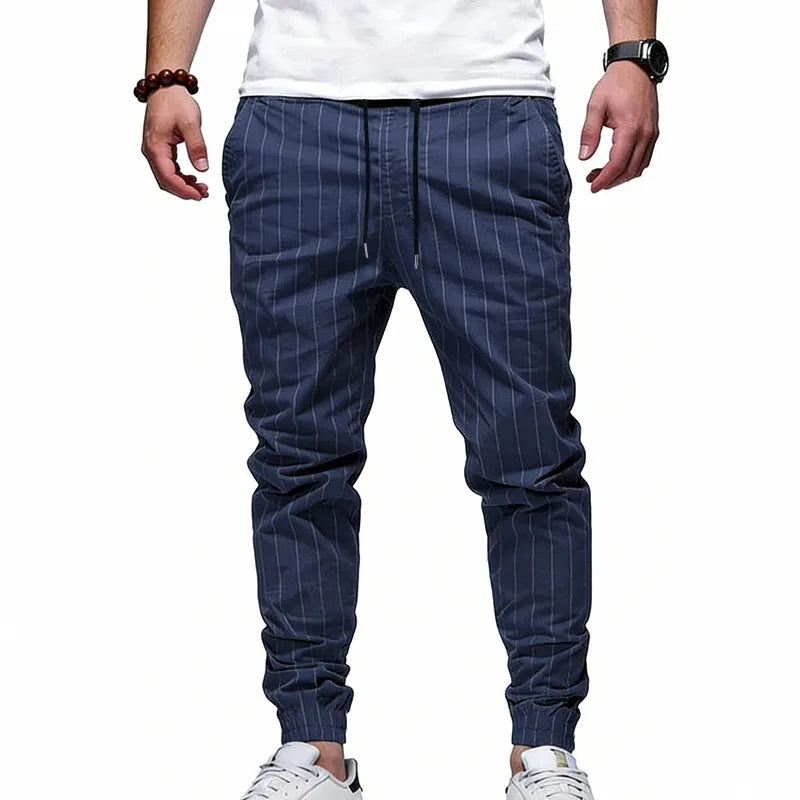 Pantalon De Jogging Homme Décontracté À Rayures En Lin, Longueur Totale, Style Casual Confortable Pour Loisirs