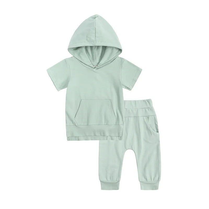 Ensemble Pantalon 2 Pièces Pour Enfant Avec Sweat À Capuche Et Manches Courtes, Motif Uni En Coton