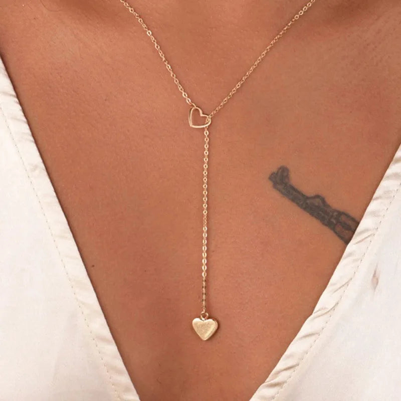 Collier Étoile Et Lune En Alliage Simple Pour Femmes, Collier En Forme De Cœur En Or Rose, Accessoires De Bijoux Tendance