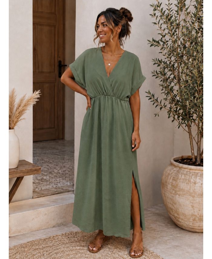 Robe Maxi Col V Manches Courtes