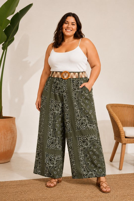 Pantalon Large Paisley avec Ceinture