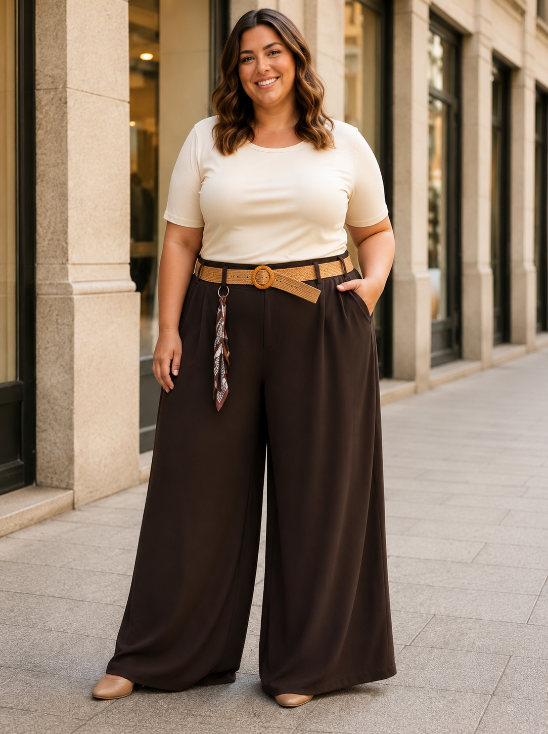 Pantalon élégant en viscose pour femme, ceinturé, parfait pour l'automne/hiver, coupe confort grandes tailles