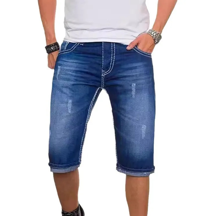 Shorts Homme En Coton Mélangé Bleu À Longueur Genou, Style Vêtement De Rue Avec Élasticité Confortable