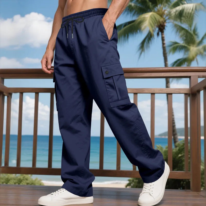 Pantalon Cargo Homme Sport Décontracté En Polyester Avec Multi-poches, Longueur Totale, Couleur Unie Pour Un Style Confortable