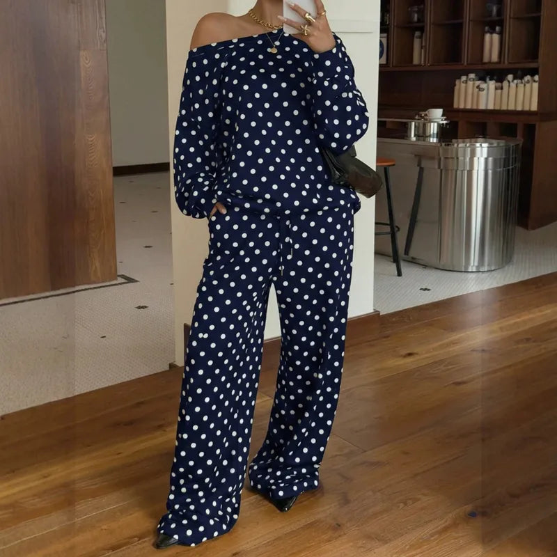Ensemble 2 Pièces À Pois – Top Épaules Dénudées & Pantalon Large Fluidek