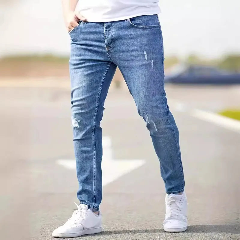 Jeans Ajustés Pour Hommes, Extensibles, Design Délavé Et Déchiré, Tissu En Coton Confortable, Pantalon Long Taille Mi-haute Pour Toutes Les Saisons
