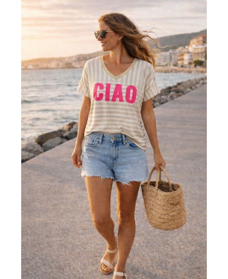 "CIAO" Striped V-Neck T-Shirt – One Size