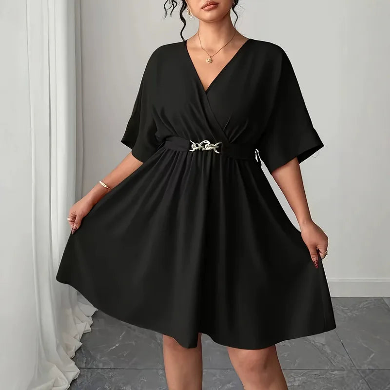 Robe Régulière À Col En V Et Manches Demi-manches, Motif Uni, En Polyester