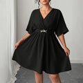Robe Régulière À Col En V Et Manches Demi-manches, Motif Uni, En Polyester