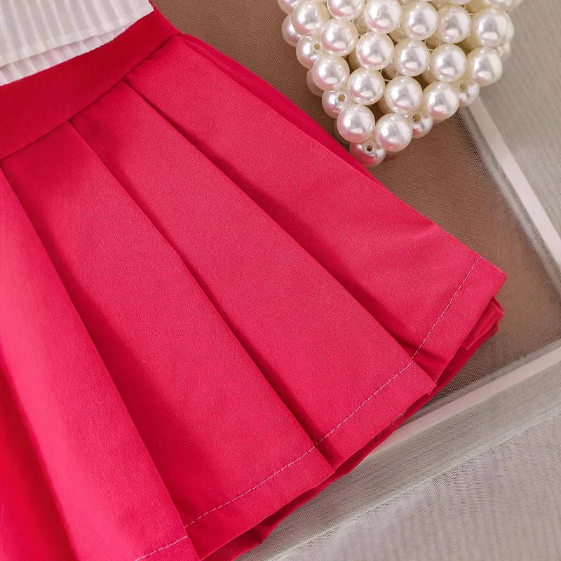 Ensemble Fille 2 Pièces Haut Sans Manches À Revers + Jupe Plissée Rose Été