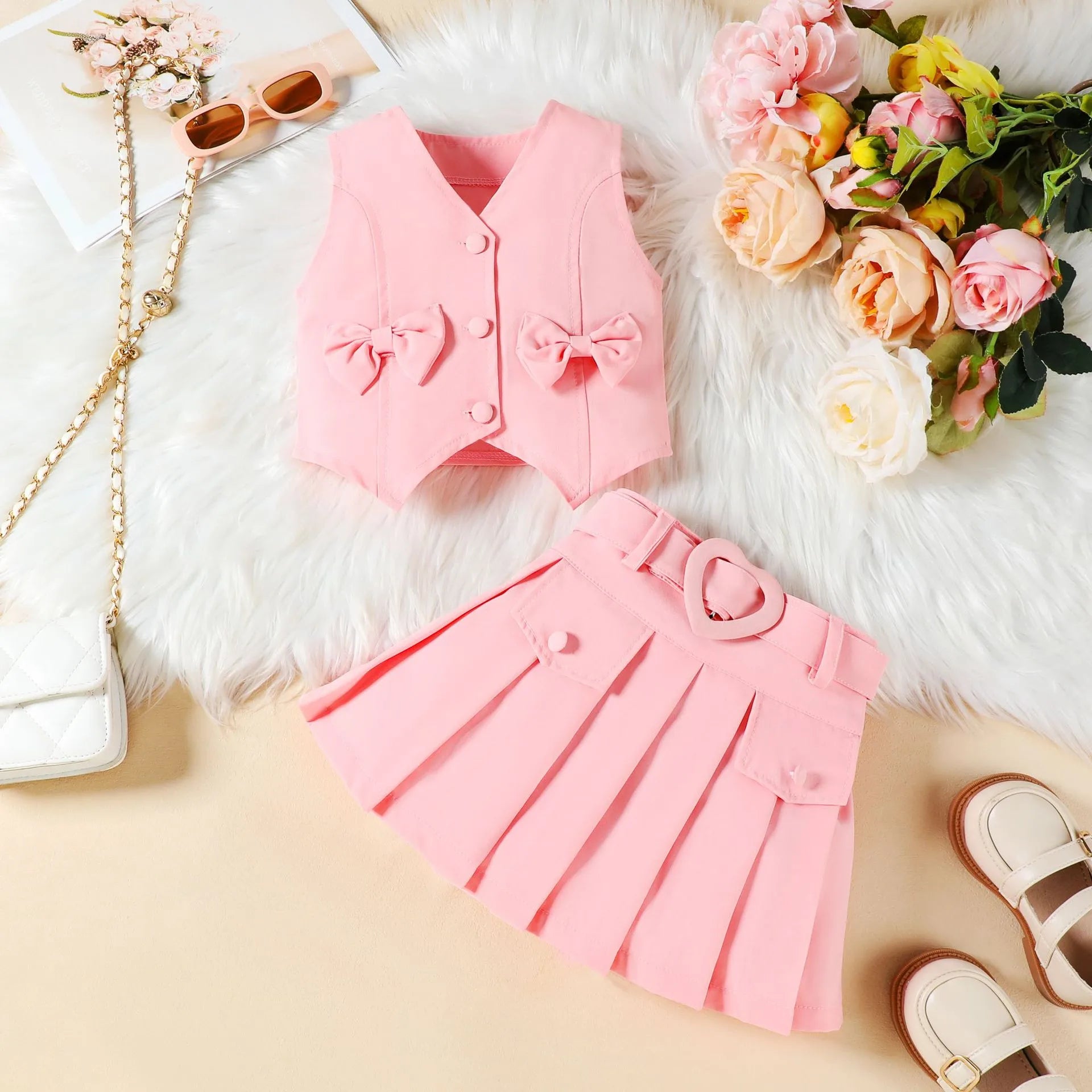 Ensemble Jupe 3 Pièces Pour Fille, Couleur Rose, Motif Uni, Tissu Polyester, Avec Ceinture Élégante