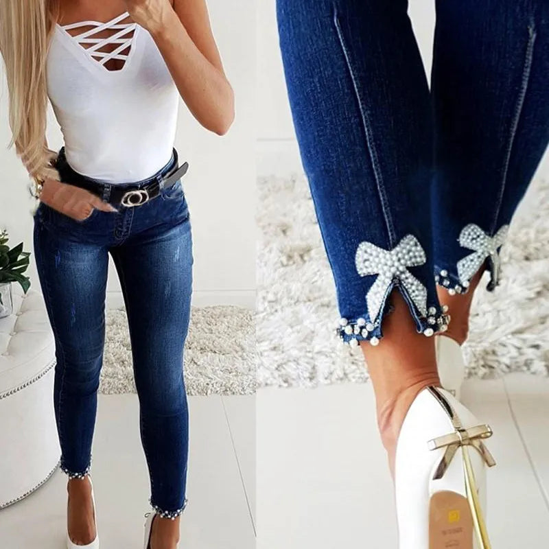 Femmes Du Quotidien Décontractée Couleur Unie Noeud D'arc Toute La Longueur Jeans