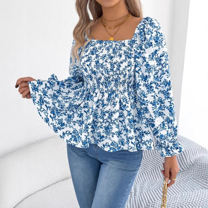 Blouse Bohémienne En Tissu 95%+ Pour Femmes Style Européen Et Américain À Manche Longue Avec Col Carré