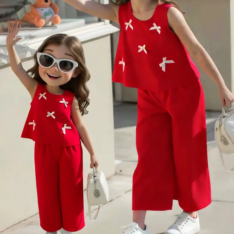 Ensemble Pantalon Large 2 Pièces Fille Nœud Papillon Rouge