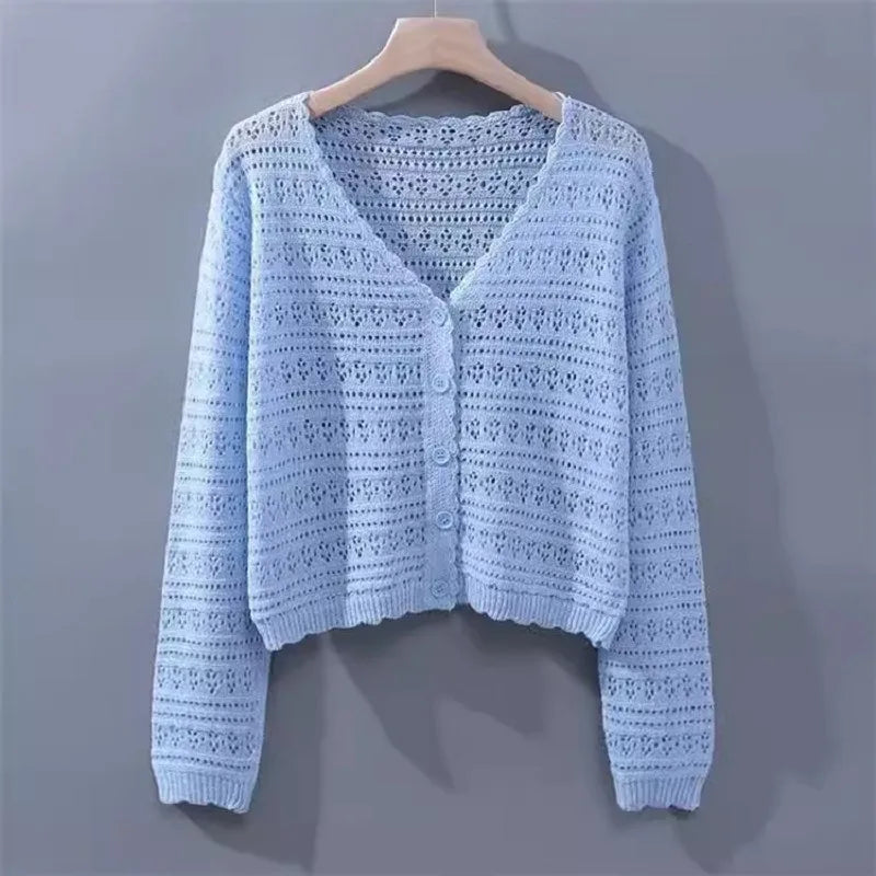 Femmes D'été Creux-out Air Conditionné Chemise Frais Bonbon Couleur V-cou Tricoté Cardigan Léger Respirant À Manches Longues Crème Solaire Chemise