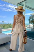 Ensemble Bohème Chic – Débardeur Dentelle Dos Crochet & Pantalon Large Fluide