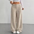 Pantalon Large Décontracté Pour Femmes De Longueur Au Sol Avec Poches Coloris Unis Taille Élastique Polyester Velours Taille Basse